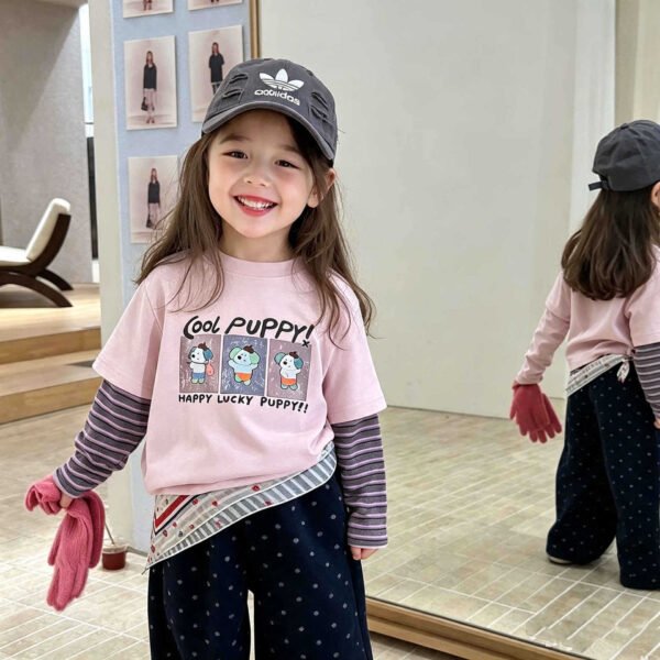 Children's Two-in-One Long Sleeve T-Shirt, Cartoon Patchwork Sleeve Top