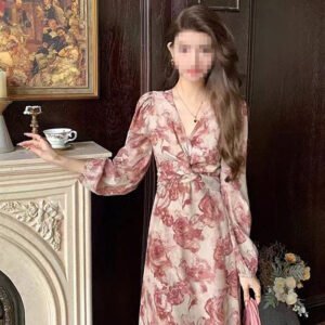 Cross-Border Autumn French Floral Dress - Elegant Slimming Maxi Dress with Criss-Cross Straps