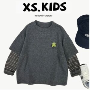 Kids Little Monster Embroidered Faux Two-Piece Sweatshirt with Striped Sleeves