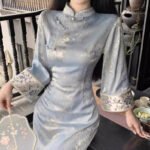 New Chinese-Style Blue Printed Improved Gentle Cheongsam Vintage Bamboo Leaf National Style Dress