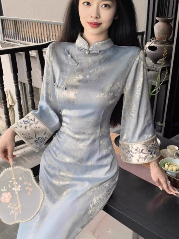 New Chinese-Style Blue Printed Improved Gentle Cheongsam Vintage Bamboo Leaf National Style Dress