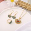 European and American Retro Fan-Shaped Turquoise Jewelry Three-Piece Set, Ethnic Style Peacock Western Necklace