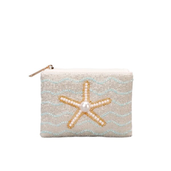 Pearl Starfish Seed Bead Embroidered Coin Purse - Small Square Beaded Bag