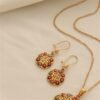Retro Ethnic Round Pendant Necklace Gold Choker Elegant Earrings Set