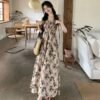 Rose Floral Pleated Sling Dress Women's French Waist Slimming Socialite Elegant Dress