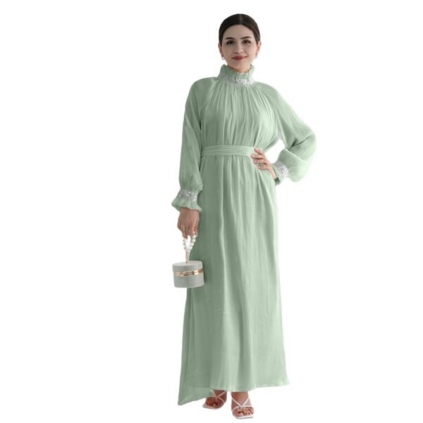 LN7101 Sparkling Diamond Ruffled Stand Collar Lantern Sleeve Maxi Dress
