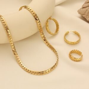 Middle Eastern Cuban Chain Jewelry Set Gold-Plated Flat Braided Chain