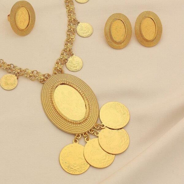 Turkish Gold-Plated Ancient Coin Necklace Earrings Ring Three-Piece Set