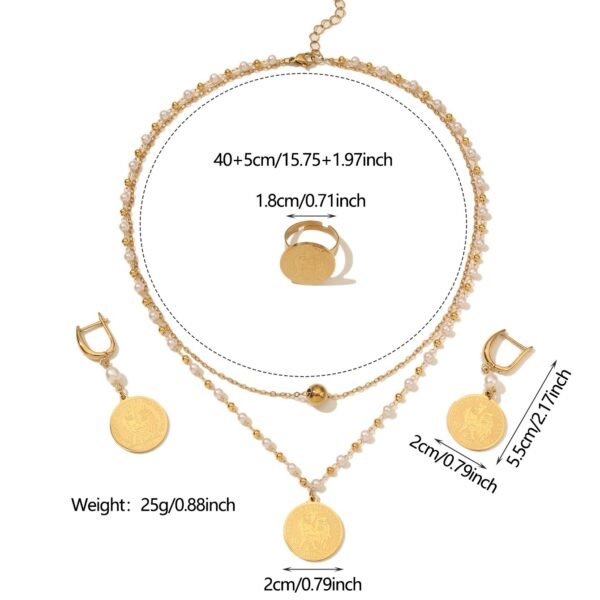 French Retro Fashion Coin Badge Pendant Necklace Set Gold-Plated