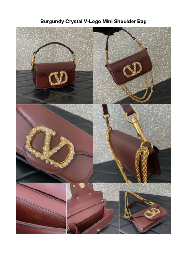 Burgundy Crystal V-Logo Mini Shoulder Bag