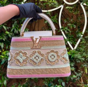 Embroidered Structured Top Handle Bag