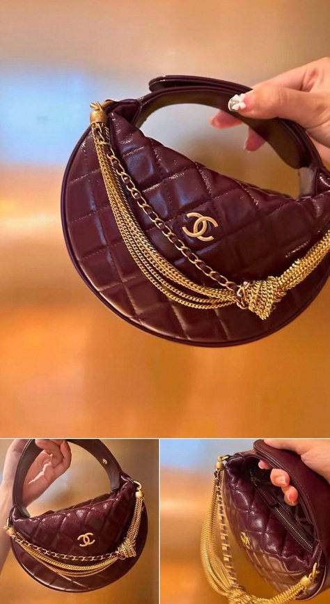 Burgundy Quilted Crescent Bag