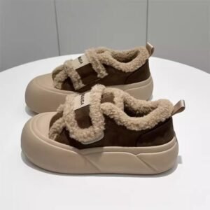 Women’s Cotton Shoes Autumn and Winter Fleece-Lined Velcro 2025 New Thick-Soled Sneakers Versatile Furry Shoes Outer Wear Bread Shoes