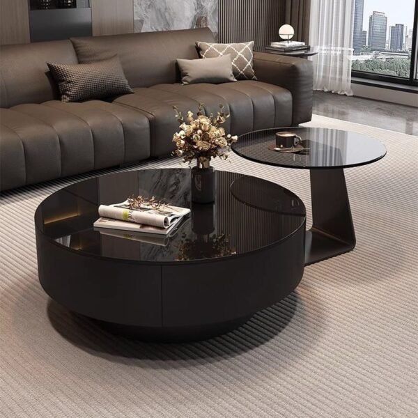 Italian Minimalist Living Room Home Light Luxury Style Small Apartment Tea Table Simple New Black Glass Round Combination