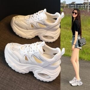 Thick-Soled Height-Increasing Dad Shoes for Women, 2026 Spring and Summer New Style, Hollow Mesh Breathable Versatile Casual Sports White Sneakers
