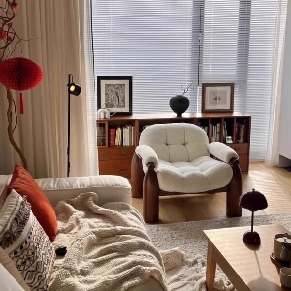 Sofa Chair, Antique Style B&B Fabric Lazy Sofa Chair, Designer Single Lamb Velvet Solid Wood Sofa