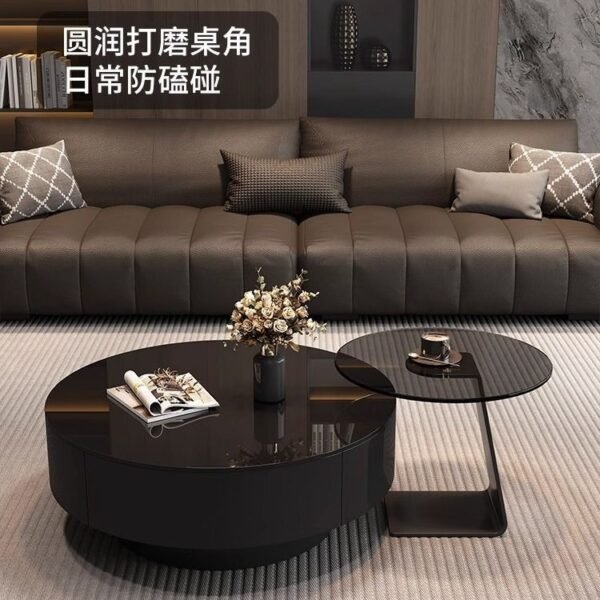 Italian Minimalist Living Room Home Light Luxury Style Small Apartment Tea Table Simple New Black Glass Round Combination