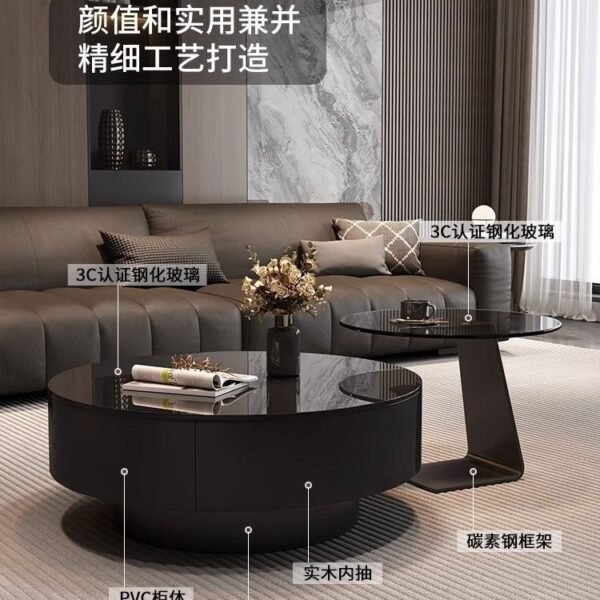 Italian Minimalist Living Room Home Light Luxury Style Small Apartment Tea Table Simple New Black Glass Round Combination