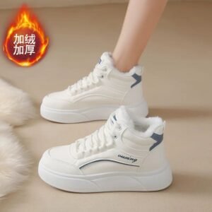 High-Top Sports Cotton Shoes for Women 2025 New Winter Velvet Thickeneded Student Sneakers Thick-Soled Versatile Casual White Shoes