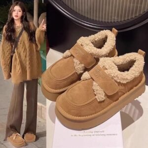 Thick-Soled Snow Boots for Women 2026 New Winter Style, Fleece-Lined and Thickened for Warmth, Birkenstock-Style Furry Shoes with Velcro, Cotton-Padded Shoes