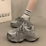 Thick-Soled Dad Shoes for Women 2025 Spring and Autum New Mesh Breathable Women's Shoes Silver Heightening Casual Sports Shoes