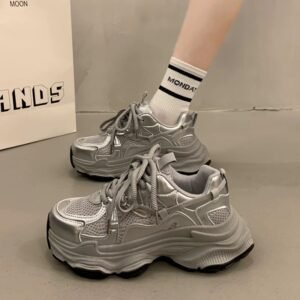 Thick-Soled Dad Shoes for Women 2025 Spring and Autum New Mesh Breathable Women’s Shoes Silver Heightening Casual Sports Shoes