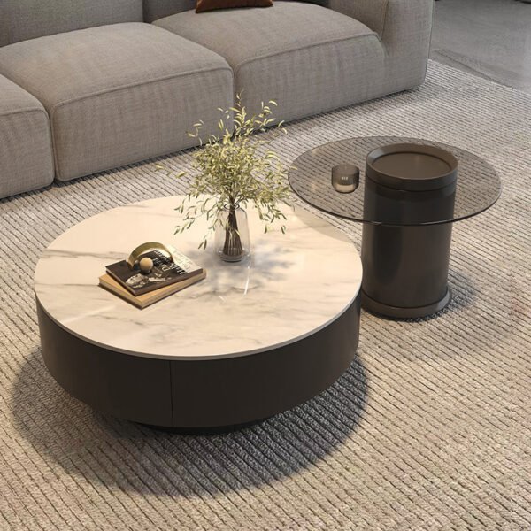 Modern Simple Light Luxury Minimalist Rock Board Coffee Table Small Apartment Living Room Home Tea Table Small Size Round Coffee Table Combination Table