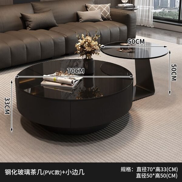 Italian Minimalist Living Room Home Light Luxury Style Small Apartment Tea Table Simple New Black Glass Round Combination