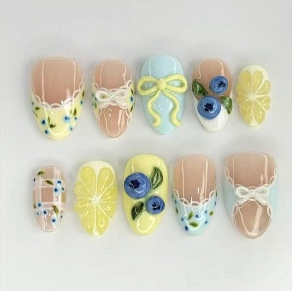 Lace French Floral Macaron Press-On Nails - Lemon Blueberry Almond Style Lace French Floral Macaron Press-On Nails - Lemon Blueberry Almond Style