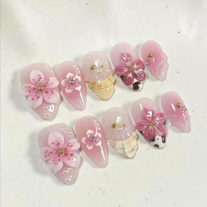 Blush Pink 3D Résine Press-On Nails - Français Cow Pattern Floral Nail Stickers