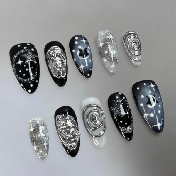 Dark Galaxy Wearable Nails - Y2K Sweet Cool Black Silver Celestial Nail Stickers