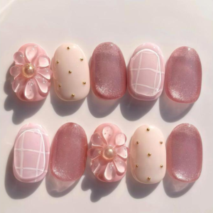 Ultra-Short Almond Cat-Eye Nail Stickers - Japanese Spring Floral Pink-Purple Pattern