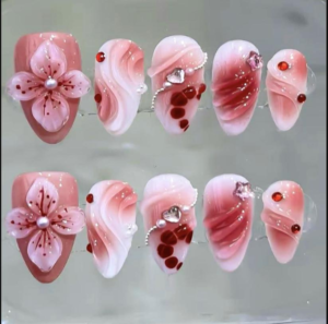 Ongles portables à fleurs 3D roses en pâte de haricots avec accents de baies