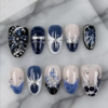 Ultra-Short Almond Gilt Blue Ice Flower Wearable Nails 3D French