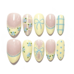 Petit poulet jaune Français-Style Press-On Nails - Plaid Bow Sweet Girl Nail Stickers