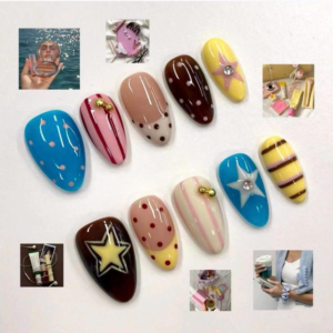 American Français Polka Dot Press-On Nails - Autocollants d’ongles dopamine colorés amande ultra-courts