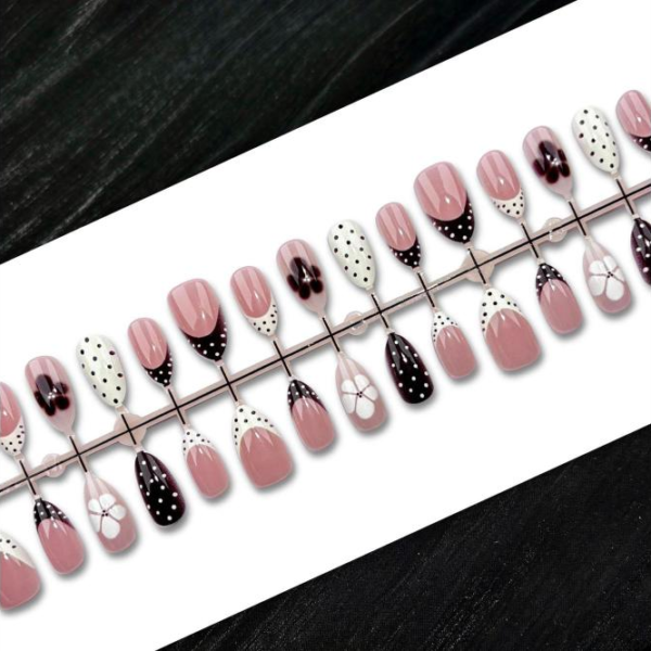 Cocoa Brown Cream Cheese Flower Polka Dot French Press-On Nails