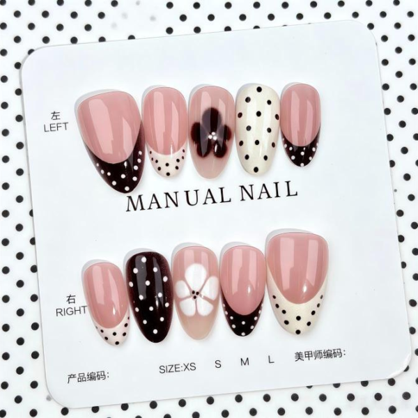 Cocoa Brown Cream Cheese Flower Polka Dot French Press-On Nails