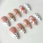White French-Style Lace Polka Dot 3D Gold-Plated Wearable Nails with 3D Flowers