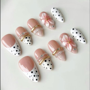 White French-Style Lace Polka Dot 3D Gold-Plated Wearable Nails with 3D Flowers