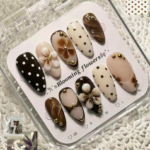 Autumn Winter 3D Polka Dot Flower Wearable Press-On Nails - Cocoa Brown French Style Nail Stickers