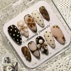 Automne Hiver 3D Polka Dot Flower Wearable Press-On Nails - Cacao Brown Français Style Nail Stickers
