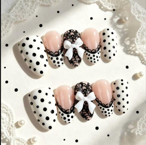 Black Lace Polka Dot Bow French Press-On Nails