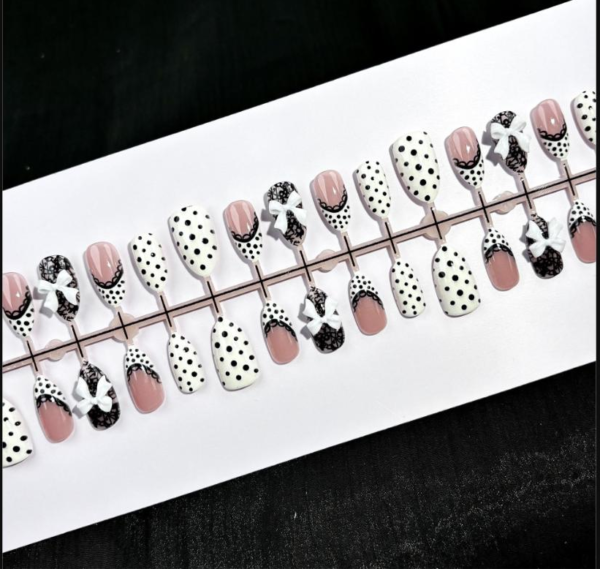 Black Lace Polka Dot Bow French Press-On Nails