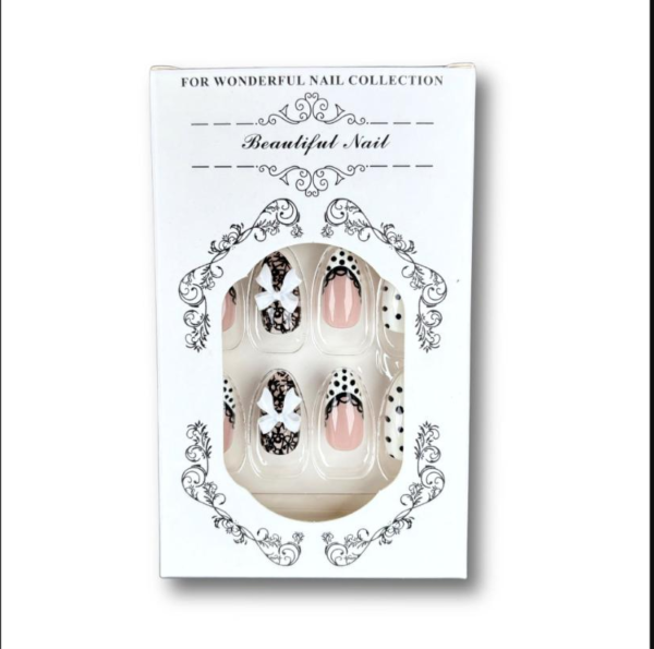 Black Lace Polka Dot Bow French Press-On Nails