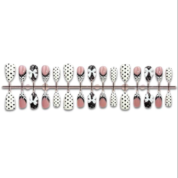 Black Lace Polka Dot Bow French Press-On Nails