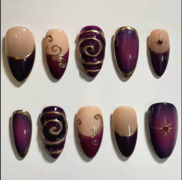 Purple-Red Gradient Y2K Vintage Wearable Nails - 3D Gold-Plated Starburst French Press-On Nail Art Strips
