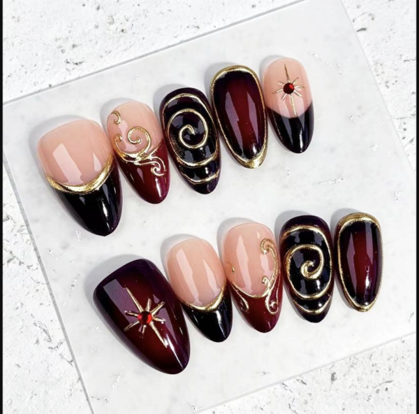 Purple-Red Gradient Y2K Vintage Wearable Nails - 3D Gold-Plated Starburst French Press-On Nail Art Strips