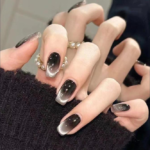 Black Smile Cat Eye Wearable Nails French White All-Match Short Style