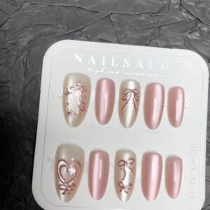Ongles à pression Pink Sweetheart Rose Gold Love Bow - Amande courte